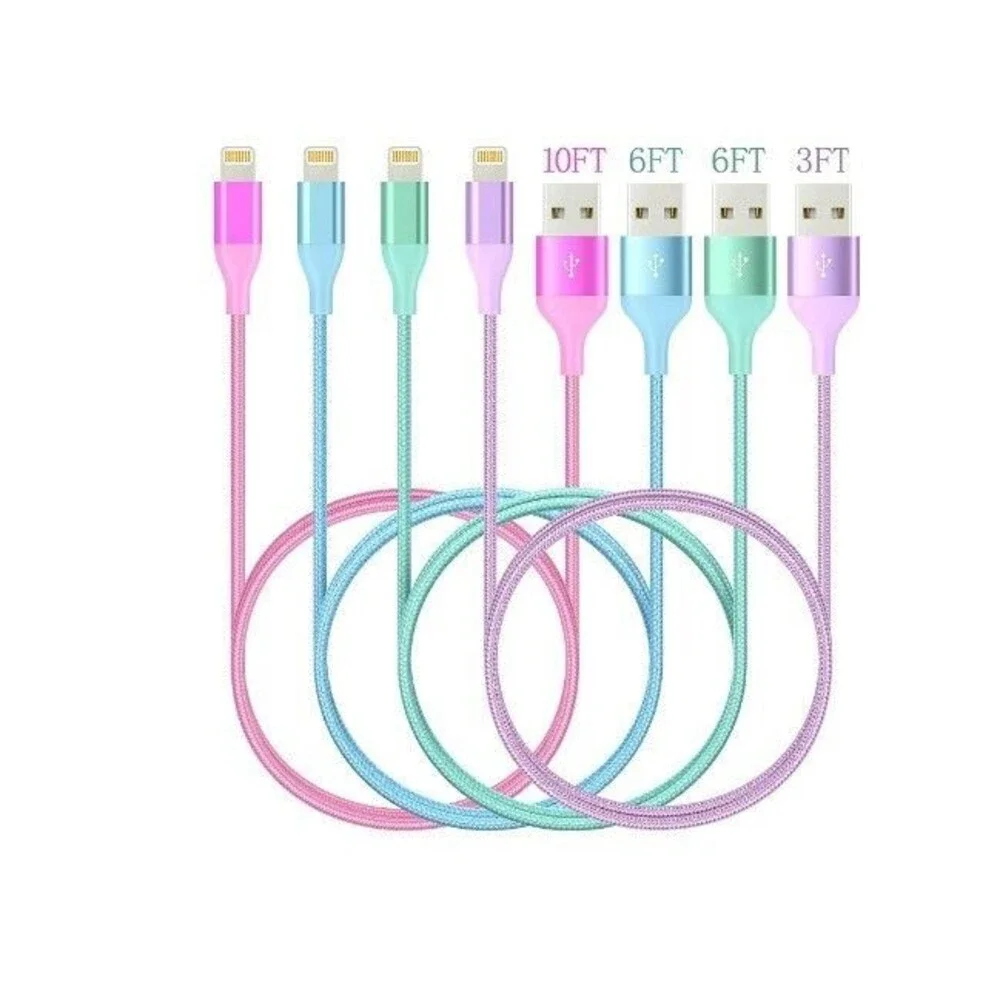 4-Pack iPhone Charger Multicolor 10 Ft, 6Ft, 6Ft, 3Ft, Apple Charger USB To ipho